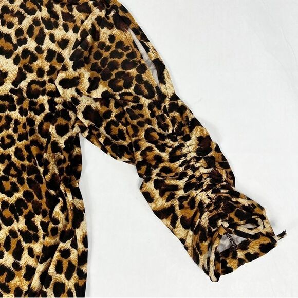 Chico’s Tan Brown Cheetah Animal Print Slit Ruched Tie 3/4 Sleeve Top Medium - Picture 5 of 11